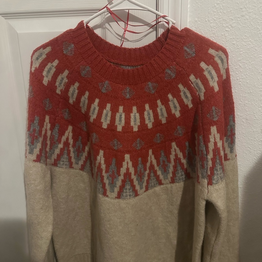 Lucky Brand Red and Cream Patterned Knit Sweater